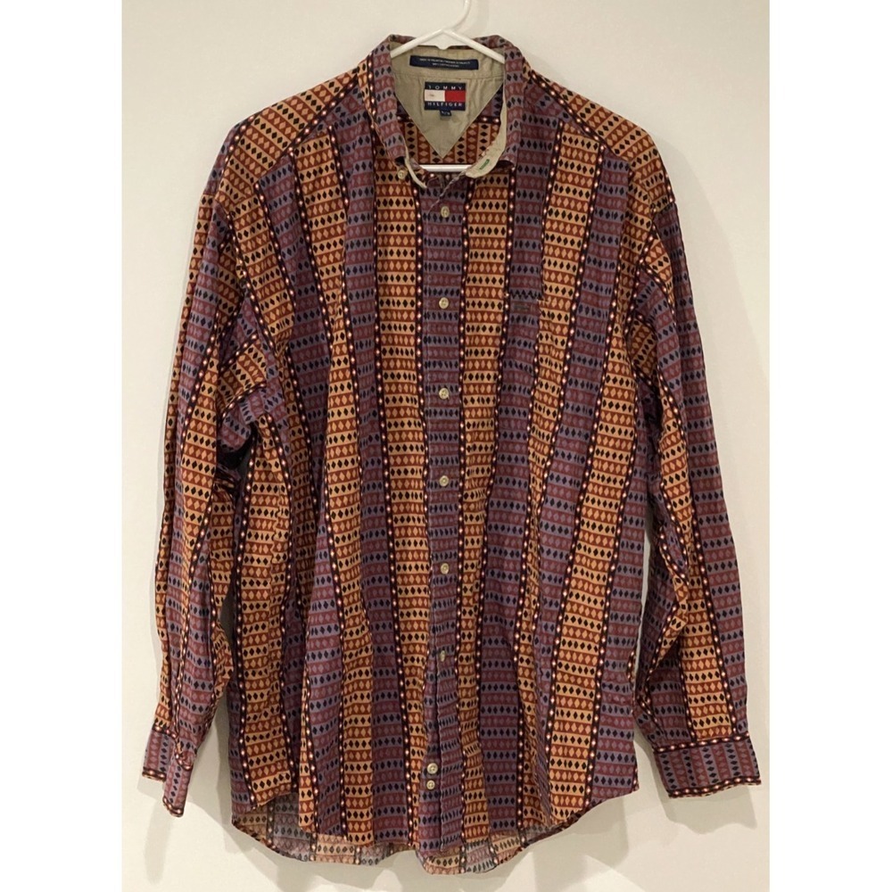 Tommy Hilfiger Men's L Western Diamond Pattern Button Down Shirt Vintage 90s